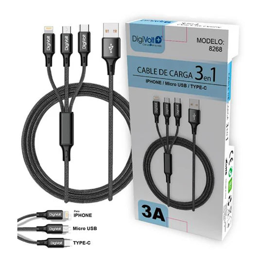 Cable de carga 3 en 1 DigiVolt CB-8268 Negro - Anantta